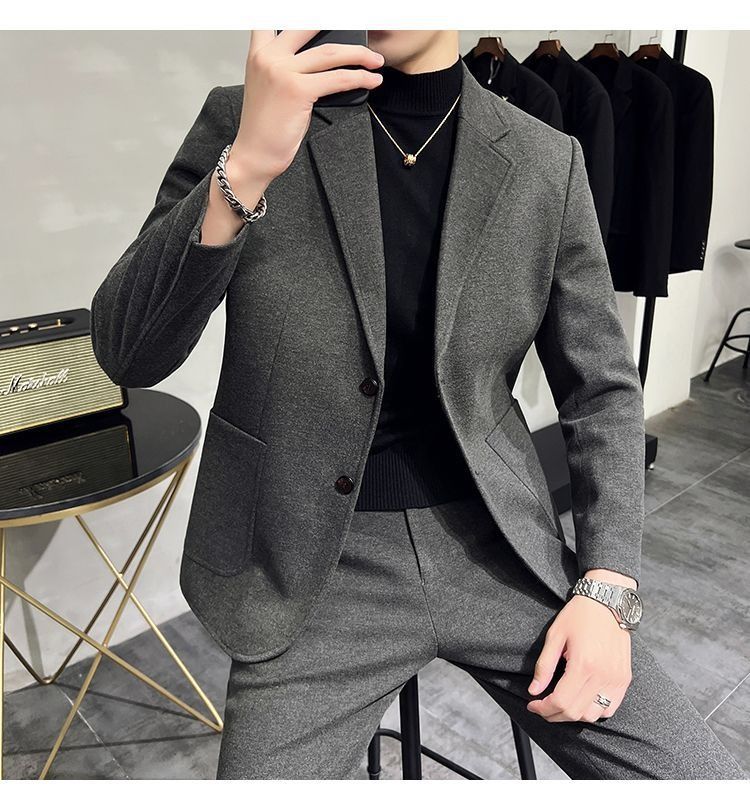 2026 Spring/Summer Thick Wool Casual Men Suit Korean Edition Slim-fit British Style Cool Stylish Men's Suit Set Double-Breasted Design Retro Flat Collar Simple simple Elegant Soft Comfortable Durable