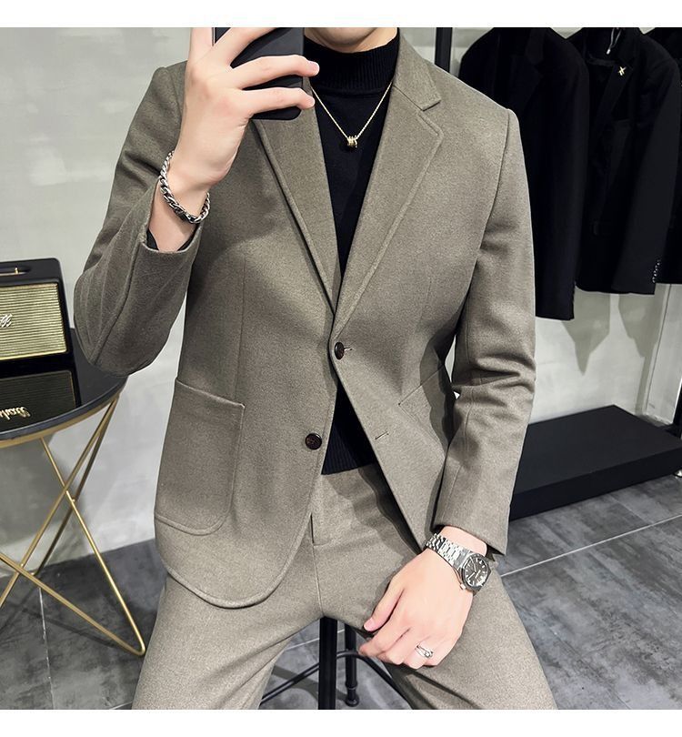 2026 Spring/Summer Thick Wool Casual Men Suit Korean Edition Slim-fit British Style Cool Stylish Men's Suit Set Double-Breasted Design Retro Flat Collar Simple simple Elegant Soft Comfortable Durable