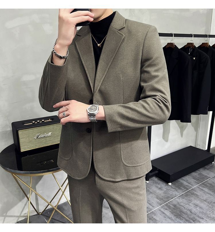 2026 Spring/Summer Thick Wool Casual Men Suit Korean Edition Slim-fit British Style Cool Stylish Men's Suit Set Double-Breasted Design Retro Flat Collar Simple simple Elegant Soft Comfortable Durable