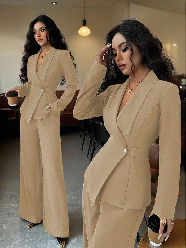 2026 Spring/Summer Collection - Women's Set Africa Europe America - Elegant Fashionable Long-Sleeved Suit Jacket + Straight-Tailored Pants Set Suitable Business Banquets Daily Use Work Travel