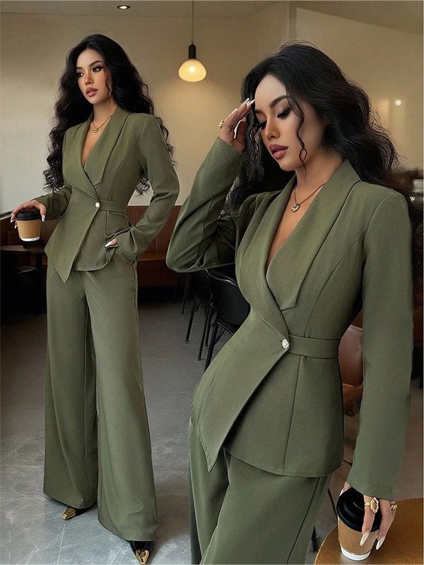 2026 Spring/Summer Collection - Women's Set Africa Europe America - Elegant Fashionable Long-Sleeved Suit Jacket + Straight-Tailored Pants Set Suitable Business Banquets Daily Use Work Travel