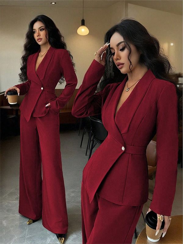 2026 Spring/Summer Collection - Women's Set Africa Europe America - Elegant Fashionable Long-Sleeved Suit Jacket + Straight-Tailored Pants Set Suitable Business Banquets Daily Use Work Travel