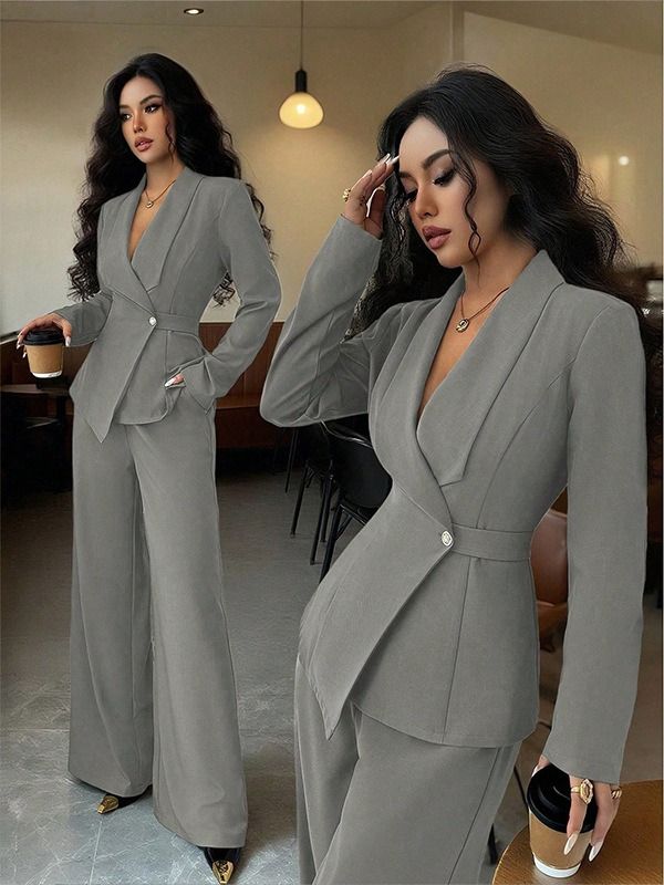 2026 Spring/Summer Collection - Women's Set Africa Europe America - Elegant Fashionable Long-Sleeved Suit Jacket + Straight-Tailored Pants Set Suitable Business Banquets Daily Use Work Travel