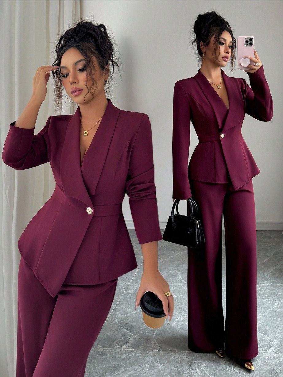 2026 Spring/Summer Collection - Women's Set Africa Europe America - Elegant Fashionable Long-Sleeved Suit Jacket + Straight-Tailored Pants Set Suitable Business Banquets Daily Use Work Travel