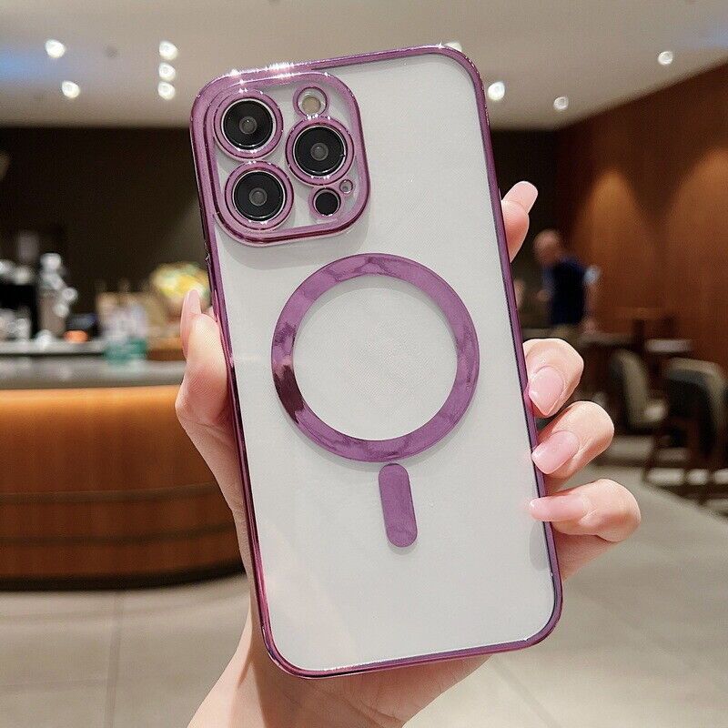 Luxury Slim Plating TPU Bumper Drop Protective Magnetic Phone Case Cover Compatible with Magsafe for iPhone 15 Series, 14 Series, 13 Series, 12 Series, 11 Series