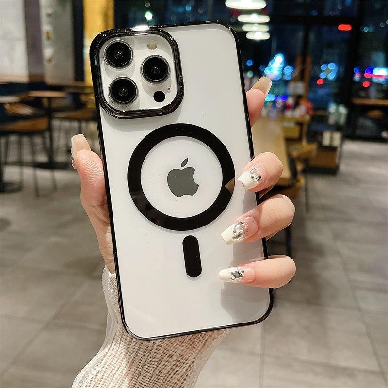 Luxury Slim Plating TPU Bumper Drop Protective Magnetic Phone Case Cover Compatible with Magsafe for iPhone 15 Series, 14 Series, 13 Series, 12 Series, 11 Series