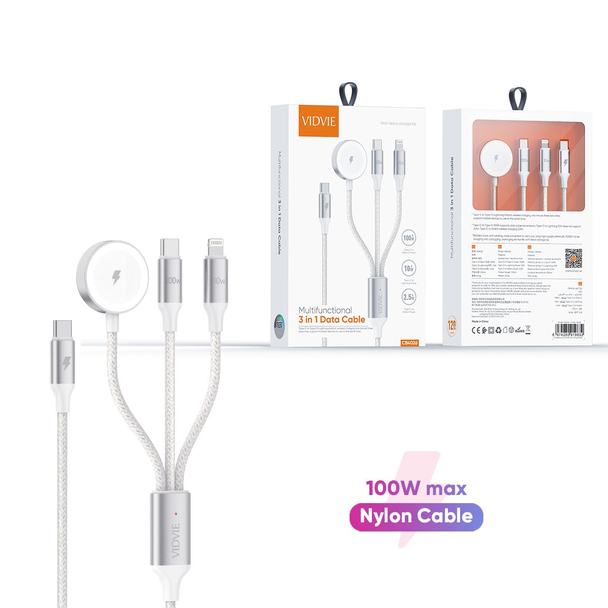 Vidvie Multifunctional 3 in 1 Data Cable- Type C to Type C+ Lightning+Wireless charging Cable for iPhones, iWatches, Samsung, Oppo, Xiaomi, Nokia, Realme Phones