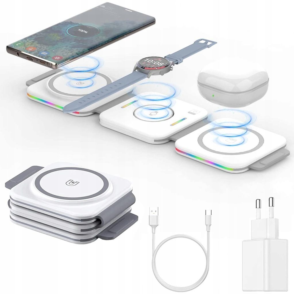 Vidvie Magnetic Foldable 3 in 1 Charging Station Fast Wireless Charging Pad, Compatible for iPhone 15/Pro/Max/Plus,14/Pro/Max/Plus/13/12 Series,AirPods 3/2/Pro,iWatch