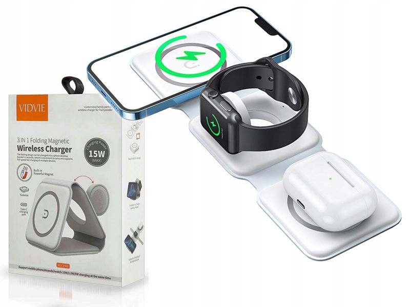 Vidvie Magnetic Foldable 3 in 1 Charging Station Fast Wireless Charging Pad, Compatible for iPhone 15/Pro/Max/Plus,14/Pro/Max/Plus/13/12 Series,AirPods 3/2/Pro,iWatch