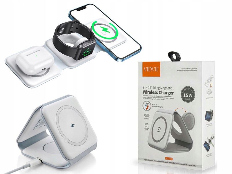 Vidvie Magnetic Foldable 3 in 1 Charging Station Fast Wireless Charging Pad, Compatible for iPhone 15/Pro/Max/Plus,14/Pro/Max/Plus/13/12 Series,AirPods 3/2/Pro,iWatch