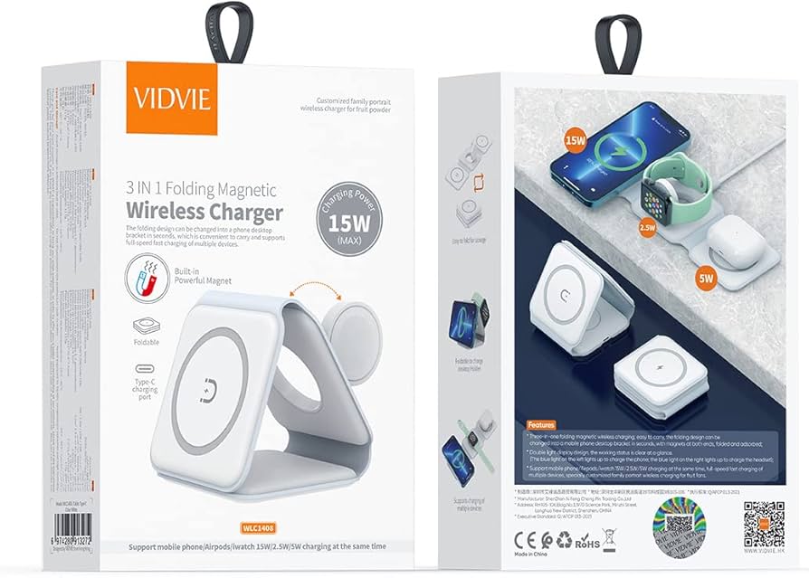 Vidvie Magnetic Foldable 3 in 1 Charging Station Fast Wireless Charging Pad, Compatible for iPhone 15/Pro/Max/Plus,14/Pro/Max/Plus/13/12 Series,AirPods 3/2/Pro,iWatch