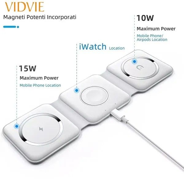 Vidvie Magnetic Foldable 3 in 1 Charging Station Fast Wireless Charging Pad, Compatible for iPhone 15/Pro/Max/Plus,14/Pro/Max/Plus/13/12 Series,AirPods 3/2/Pro,iWatch