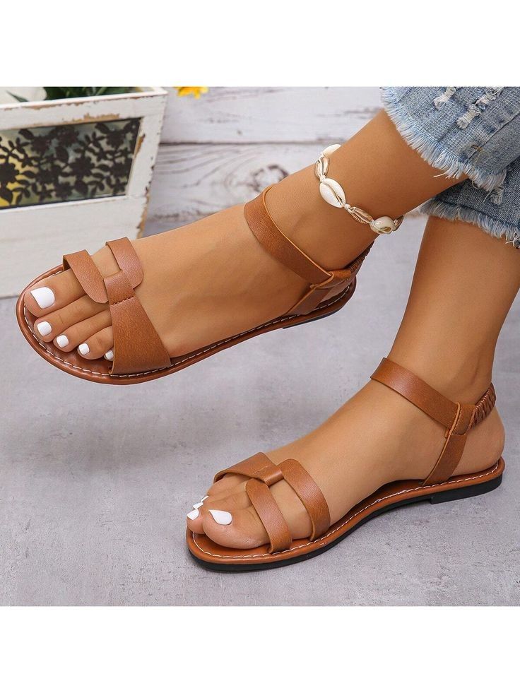 Leather Women’s brown Shoe Simple Open Toe Flat Sandals Female Buckle Belt all-match Fashion Slippers non-slip wear-resistant Girl Breathable Take Sandals Casual Lady Shoes Girlfriend Gift