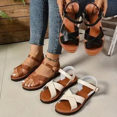 Leather Women’s Shoe Simple Open Toe Flat Sandals Female Buckle Belt all-match Fashion Slippers non-slip wear-resistant Girl Breathable Take Sandals Casual Lady Shoes Girlfriend Gift