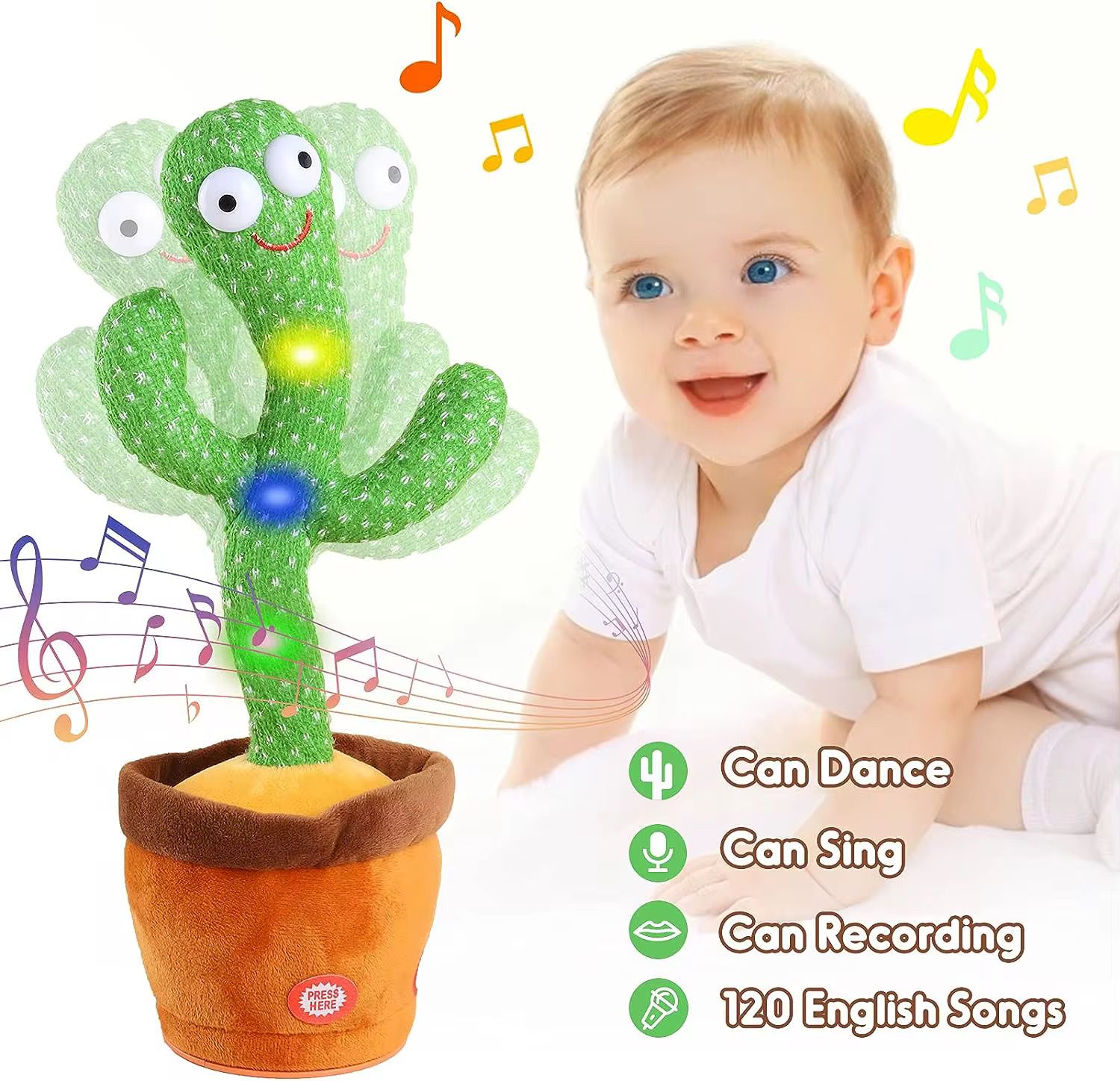 Sways and wiggle to every mimic 🎶 🎵 Rechargeable Dancing cactus  🌵Equipped with colorful glowing lights that flash while dancing.Made of non-toxic, durable fabric with a plush cover, safe for child