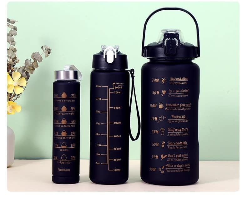 3 in 1 Motivational Water Bottles (3 Pack Half Gallon 2L, 900ml, 300ml)- the perfect set for staying hydrated and motivated throughout the day This set includes three bottles each made of high quality