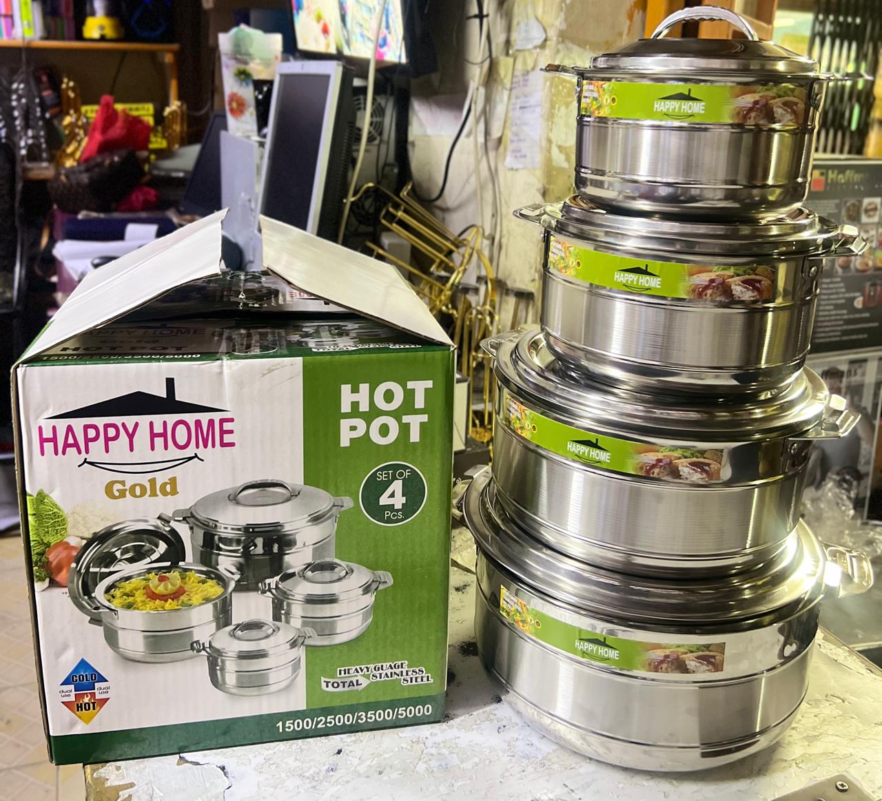 Happy Home 4 pcs Hotpots Stainless steel Serving Dish Casserole Super Max Sereware Set Hot Pot Serveware Set Serve Hot or Cold Food (1000/1500/2500/3500ml).