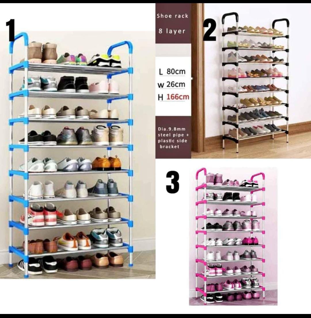 8 tier Adjustable shoe rack.Shoe racks are storage items which are designed to hold all your shoes. Whether you have only a few pairs of shoes or numerous ones. Shoe racks give you more space