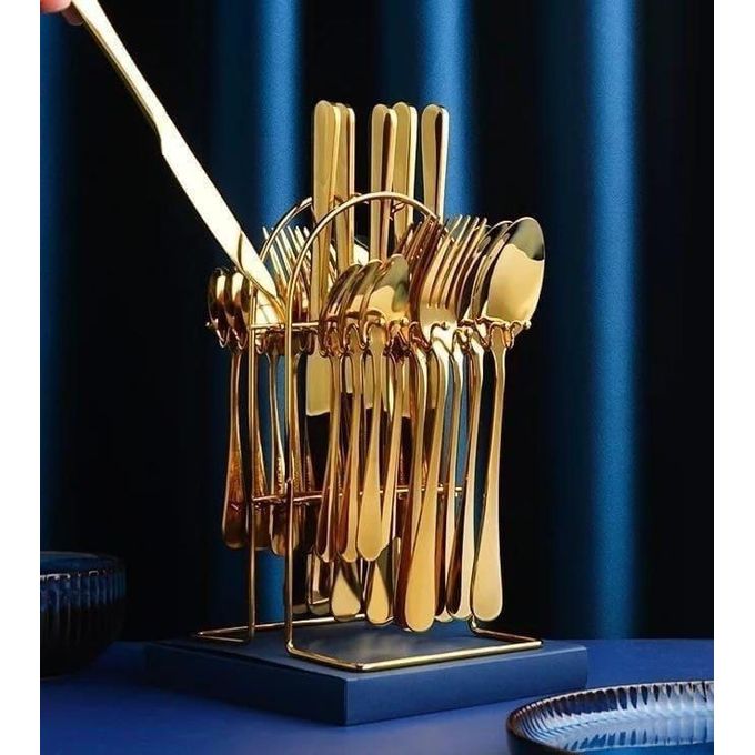 24pcs Heavy Duty Quality Cutlery Sets(GOLD. The set is inclusive of 6 Dinner Spoons, 6 Dinner Forks, 6 Teaspoons, and 6 Tea Spoons. The stand has a good number of compartments to hold the spoons