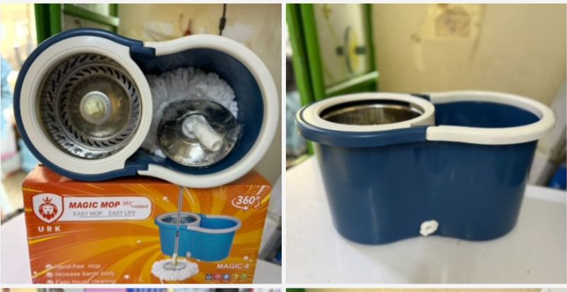 PROMOTION PRICE !! Metallic Spin Mop With Bucket.This 360 degree new design magic mop is perfect for door, kitchen, bathroom, lobby, car, bedroom, etc.Keeps your hands out of dirty water
