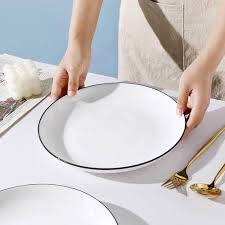 Set of 6 Ceramic Dinner Plates with Elegant Black Rim – 10.5" Round Plates for Modern Dining – Durable, Stylish, Microwave & Dishwasher Safe Porcelain Plates for Home, Hotel, or Restaurant