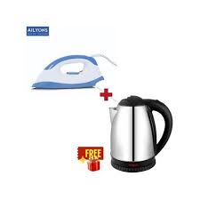 AILYONS Electric Stainless Steel Automatic Kettle Plus Free Dry Iron Box – Fast Boil, Auto Shut-Off, Energy Efficient, Lightweight Dry Iron, Household Combo Set