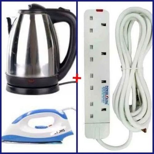 AILYONS Electric Kettle + Iron Box + 4 Way Extension Set – Fast Boil, Safe, Durable & Multi-Functional Home Appliance Bundle
