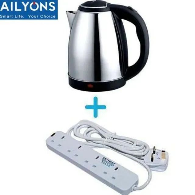 AILYONS Electric Kettle + Free 4-Way Extension Cable – Coil-Less Water Heater & Boiler Jug, Fast Boil, Stainless Steel, Durable & Convenient Home Appliance Set