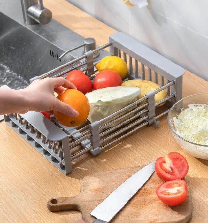 Kitchen Shelf Sink Retractable Drain Basket Washing Fruit Basket Fruit Tray Drain Rack Drying Stretchable, versatile stainless steel expandable sink organizer for fruits, vegetables, and kitchen essen
