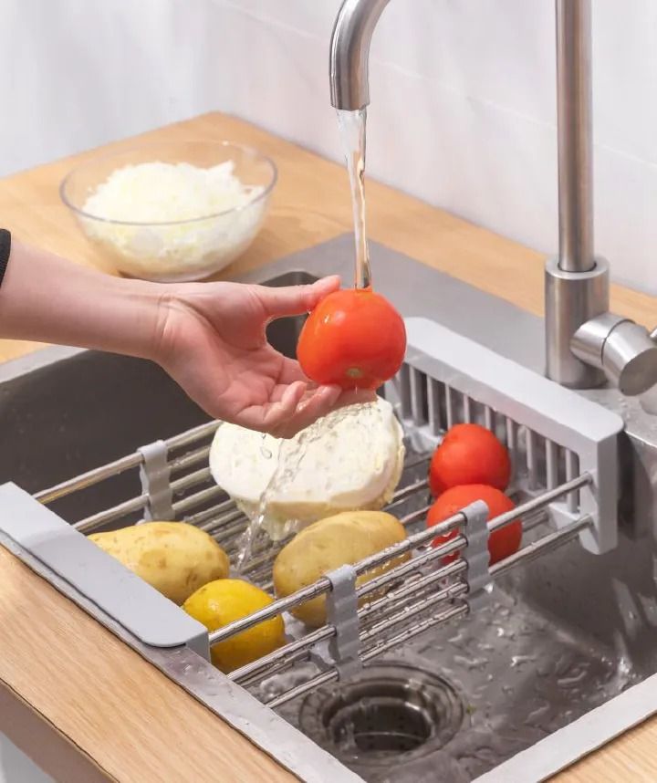 Kitchen Shelf Sink Retractable Drain Basket Washing Fruit Basket Fruit Tray Drain Rack Drying Stretchable, versatile stainless steel expandable sink organizer for fruits, vegetables, and kitchen essen