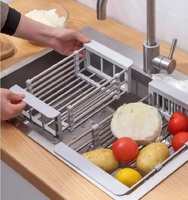 Kitchen Shelf Sink Retractable Drain Basket Washing Fruit Basket Fruit Tray Drain Rack Drying Stretchable, versatile stainless steel expandable sink organizer for fruits, vegetables, and kitchen essen