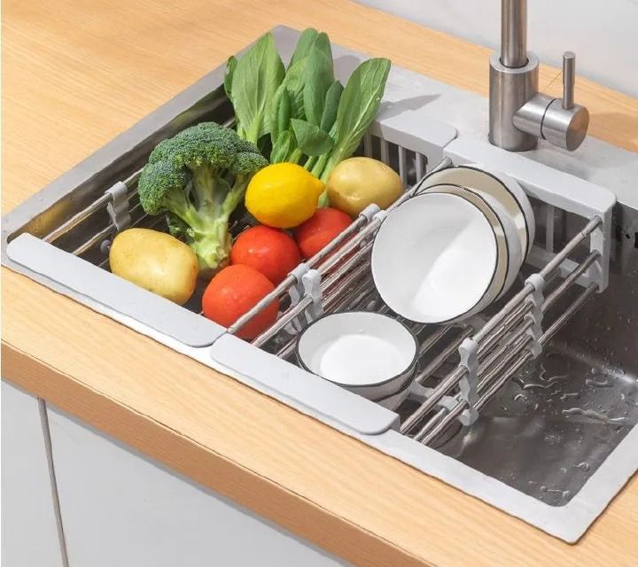Kitchen Shelf Sink Retractable Drain Basket Washing Fruit Basket Fruit Tray Drain Rack Drying Stretchable, versatile stainless steel expandable sink organizer for fruits, vegetables, and kitchen essen