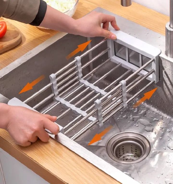Kitchen Shelf Sink Retractable Drain Basket Washing Fruit Basket Fruit Tray Drain Rack Drying Stretchable, versatile stainless steel expandable sink organizer for fruits, vegetables, and kitchen essen
