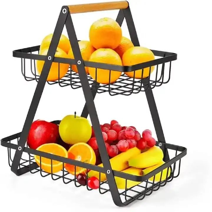 Elegant Black & Gold 2-Layer Metallic Multifunctional Organizer Fruit Rack for Kitchen Counter, Dining Table, Living Room Storage, Home Décor & Space Saving Shelf