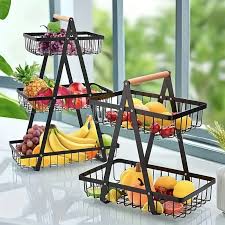 Elegant Black & Gold 2-Layer Metallic Multifunctional Organizer Fruit Rack for Kitchen Counter, Dining Table, Living Room Storage, Home Décor & Space Saving Shelf