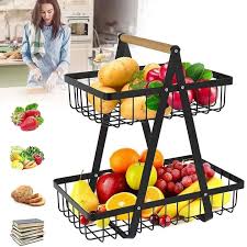 Fruit Holder Rack – Stylish Multi-Tier Kitchen Countertop Fruit Storage Organizer, Durable Metal and Wood Fruit Basket for Home, Office, and Dining Table Display