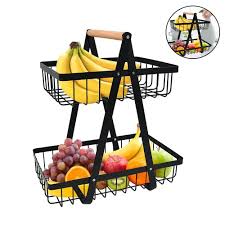 Elegant Black & Gold 2-Layer Metallic Multifunctional Organizer Fruit Rack for Kitchen Counter, Dining Table, Living Room Storage, Home Décor & Space Saving Shelf