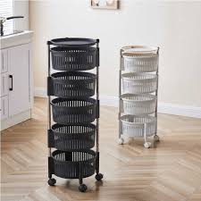 5-Layer Rotating Fruit and Vegetable Rack with Wheels, Multi-Tier Storage Organizer, Smooth Mobile Round Baskets for Kitchen, Bathroom, or Pantry Convenience