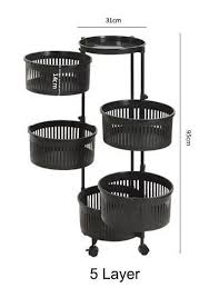 5-Layer Rotating Fruit and Vegetable Rack with Wheels, Multi-Tier Storage Organizer, Smooth Mobile Round Baskets for Kitchen, Bathroom, or Pantry Convenience