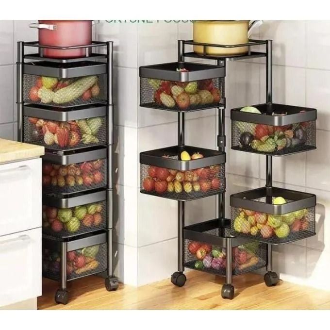 5-Layer Rotating Fruit and Vegetable Rack with Wheels, Multi-Tier Storage Organizer, Smooth Mobile Round Baskets for Kitchen, Bathroom, or Pantry Convenience