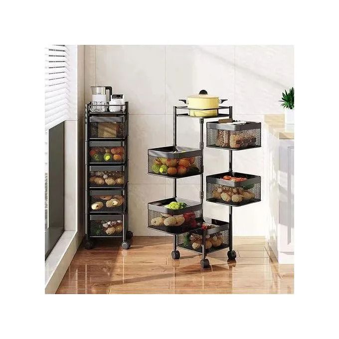 5-Layer Rotating Fruit and Vegetable Rack with Wheels, Multi-Tier Storage Organizer, Smooth Mobile Round Baskets for Kitchen, Bathroom, or Pantry Convenience