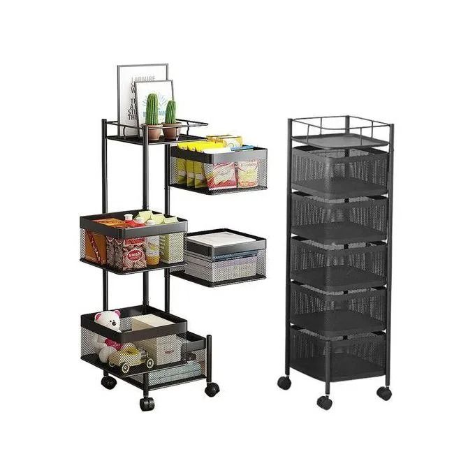 5-Layer Rotating Fruit and Vegetable Rack with Wheels, Multi-Tier Storage Organizer, Smooth Mobile Round Baskets for Kitchen, Bathroom, or Pantry Convenience