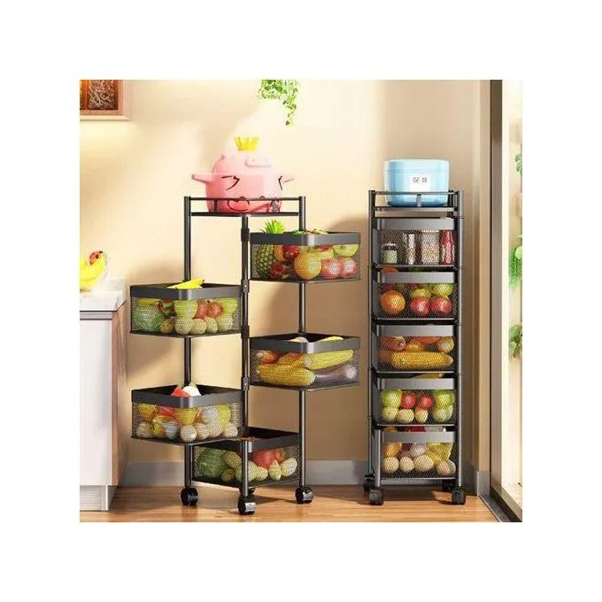 5-Layer Rotating Fruit and Vegetable Rack with Wheels, Multi-Tier Storage Organizer, Smooth Mobile Round Baskets for Kitchen, Bathroom, or Pantry Convenience