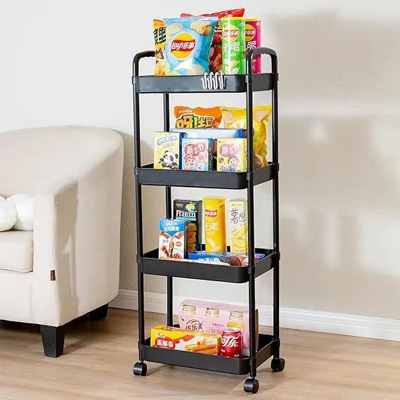 4 Tier Rolling Cart with Wheels and Handle, Multi-Purpose Rolling Storage Organizer for Office, Kitchen, Bathroom, Laundry Room, Black Fruits and Vegetable Rack