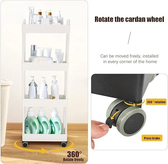 4 Tier Rolling Cart with Wheels and Handle, Multi-Purpose Rolling Storage Organizer for Office, Kitchen, Bathroom, Laundry Room, Black Fruits and Vegetable Rack