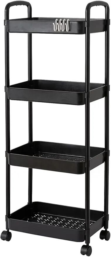 4 Tier Rolling Cart with Wheels and Handle, Multi-Purpose Rolling Storage Organizer for Office, Kitchen, Bathroom, Laundry Room, Black Fruits and Vegetable Rack