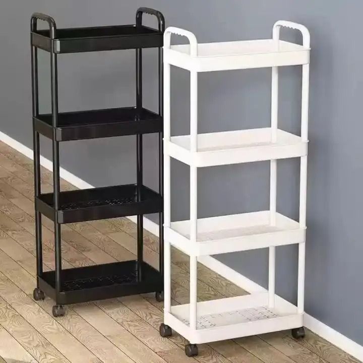 4 Tier Rolling Cart with Wheels and Handle, Multi-Purpose Rolling Storage Organizer for Office, Kitchen, Bathroom, Laundry Room, Black Fruits and Vegetable Rack
