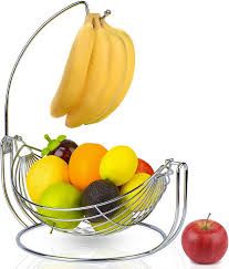 Fruit Holder Fruit Rack with Banana Hanger Durable Chrome-Plated Steel Stand for Kitchen Countertop Modern Tabletop Fruit Basket Organizer for Fruits and Vegetables