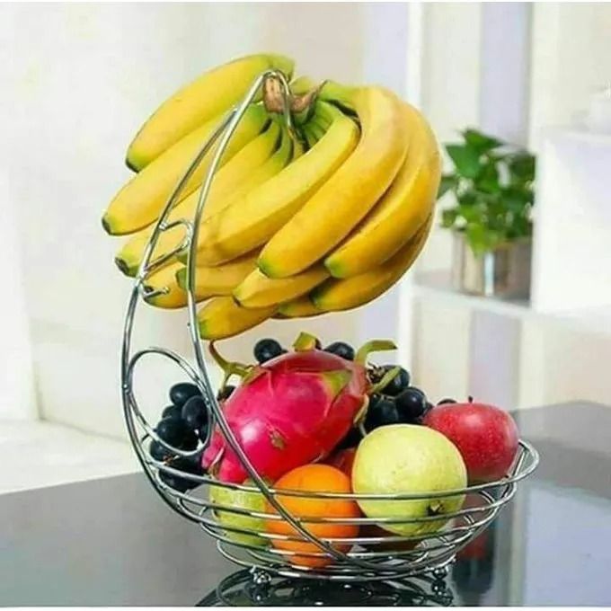 Fruit Holder Fruit Rack with Banana Hanger Durable Chrome-Plated Steel Stand for Kitchen Countertop Modern Tabletop Fruit Basket Organizer for Fruits and Vegetables