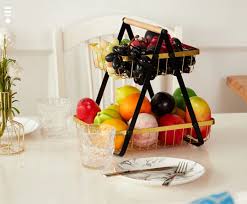 Elegant Black & Gold 2-Layer Metallic Multifunctional Organizer Fruit Rack for Kitchen Counter, Dining Table, Living Room Storage, Home Décor & Space Saving Shelf